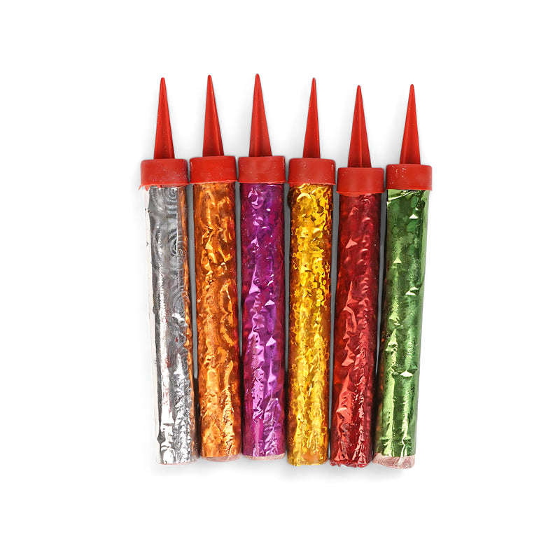 Pack of 6 sparkler fountain candles in assorted metallic colors, ideal for adding a mini firework effect to celebration cakes.

