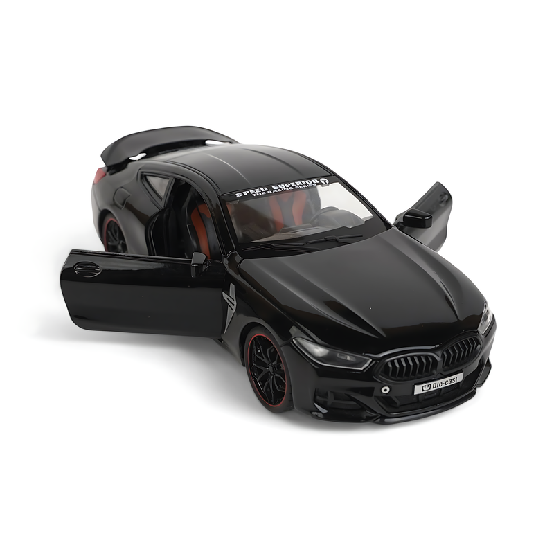 BMW M8 Diecast Model - Black Sports Car Miniature with Opening Doors and Realistic Interior