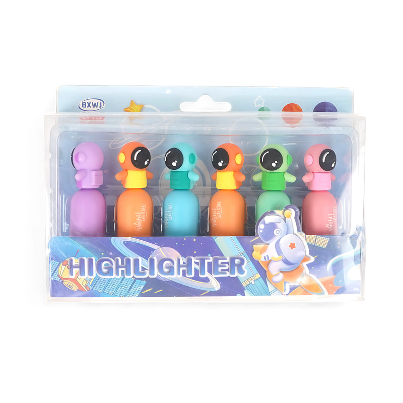 BXWI Alien-themed highlighter set with 6 colours in purple, orange, blue, teal, green, and pink – Space-themed packaging.

