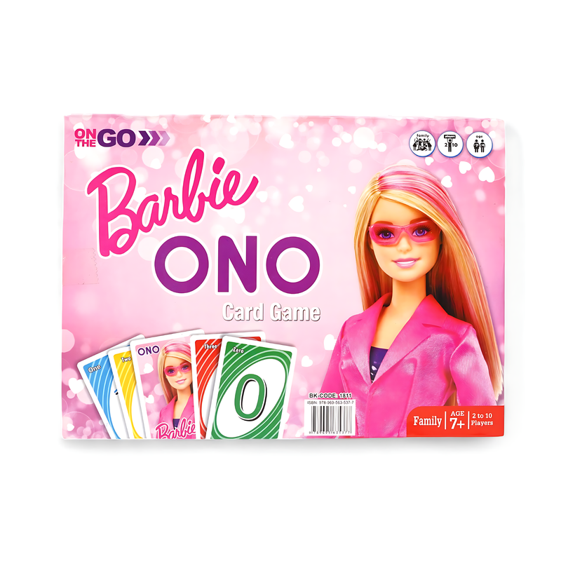 Barbie ONO Card Game featuring colorful cards and Barbie character illustrations.

