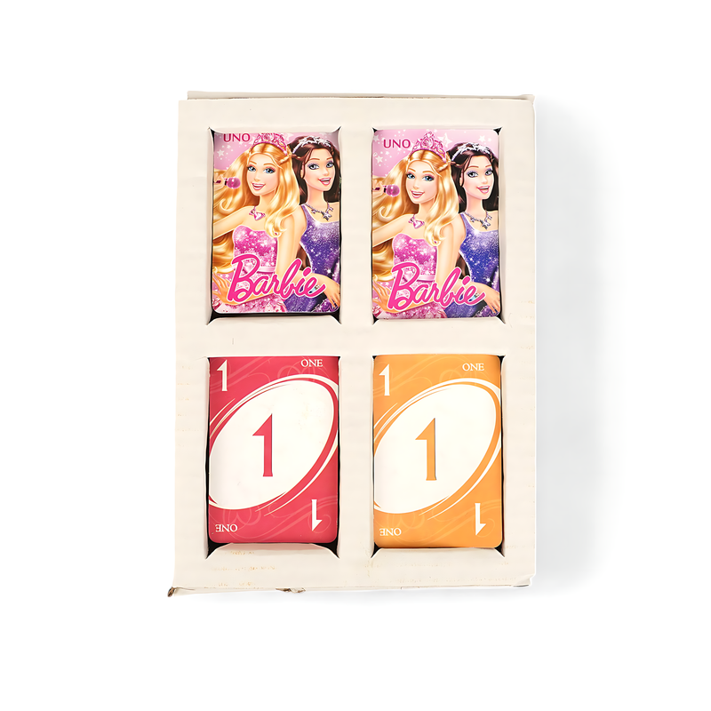 Barbie ONO Card Game featuring colorful cards and Barbie character illustrations.