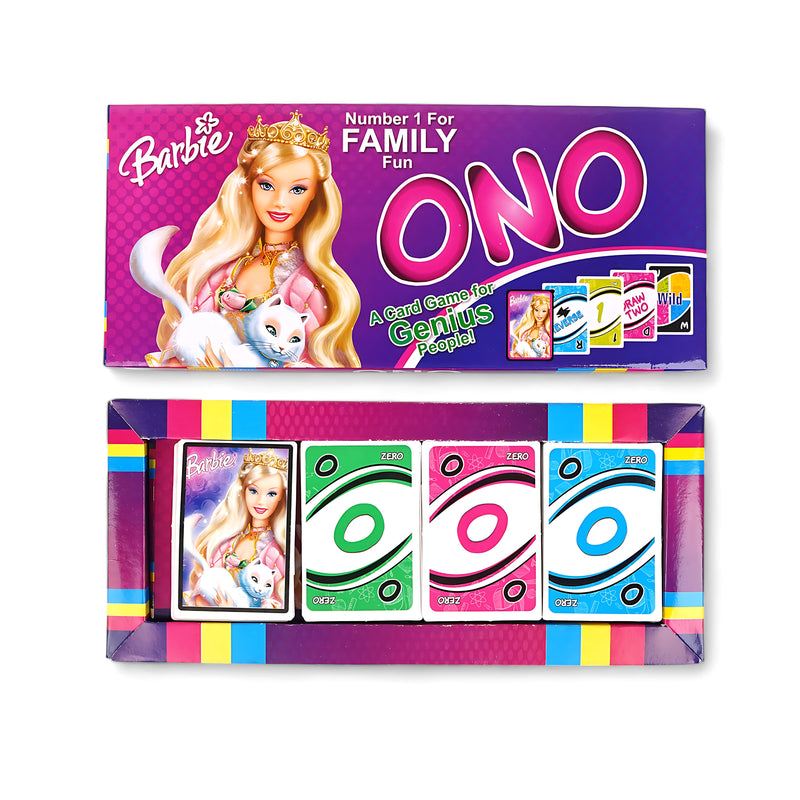 Barbie ONO Card Game box featuring colorful cards and Barbie graphics, designed for family fun.

