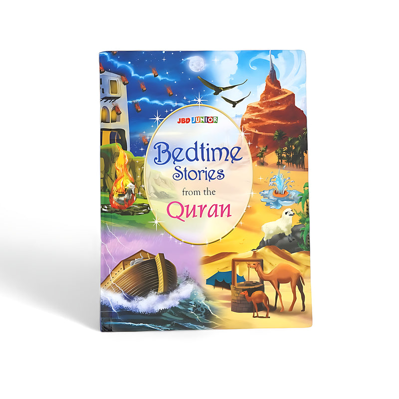 Cover of Bedtime Stories from the Quran featuring illustrations of Quranic scenes, including Noah’s Ark, a desert landscape, and a vibrant sky.

