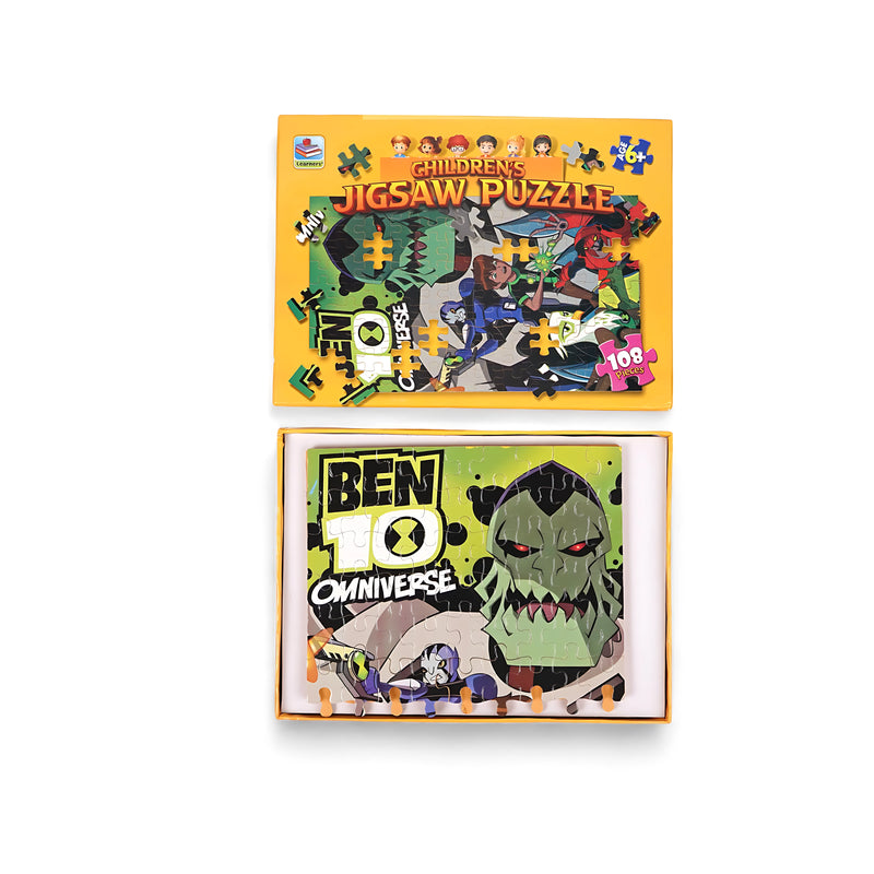 Ben 10 Omniverse 108-piece jigsaw puzzle featuring characters from the animated series, packaged in a bright yellow box.