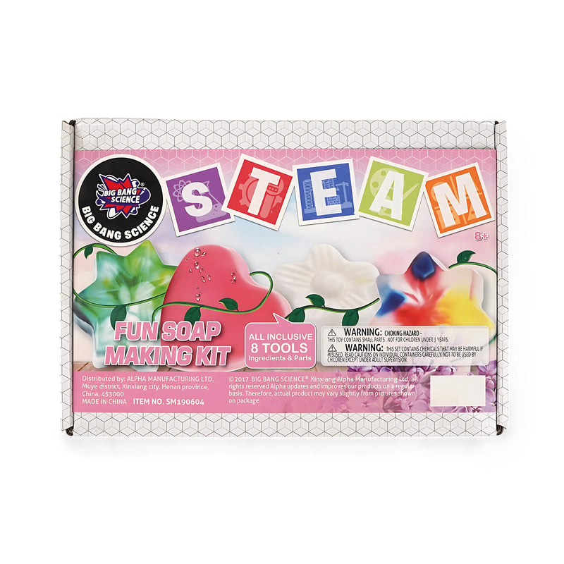 Big Bang Science STEAM Fun Soap Making Kit featuring tools and ingredients for kids aged 8+ to create colorful, fun-shaped soaps.

