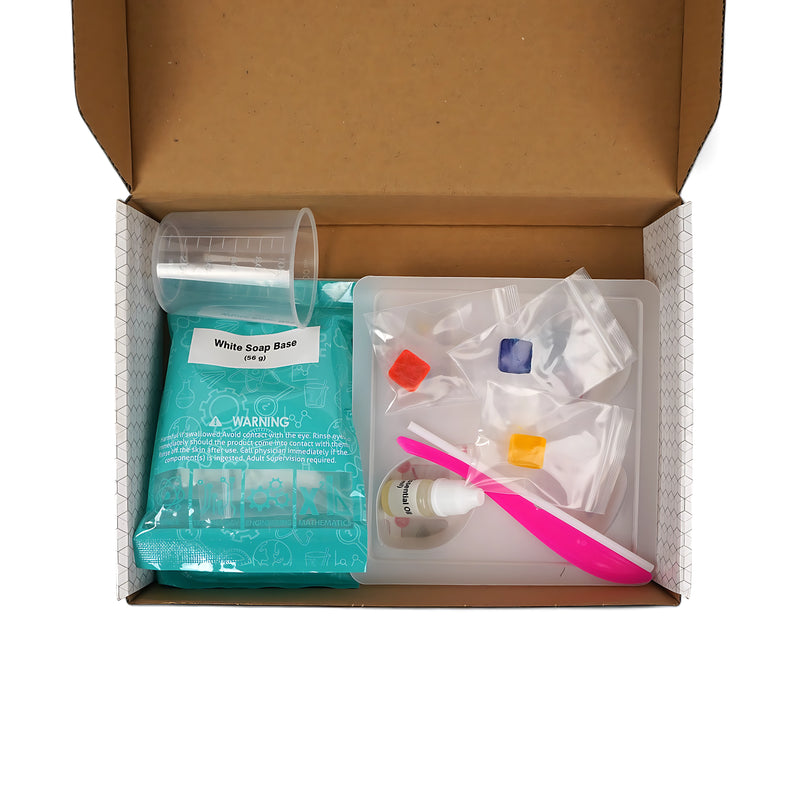 Big Bang Science STEAM Fun Soap Making Kit featuring tools and ingredients for kids aged 8+ to create colorful, fun-shaped soaps.

