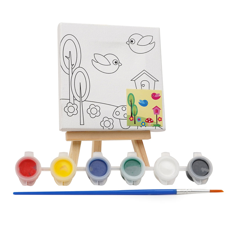 Birdhouse Canvas Painting Kit for Kids with mini canvas on an easel, 6 paints, brush, and a birdhouse scene.