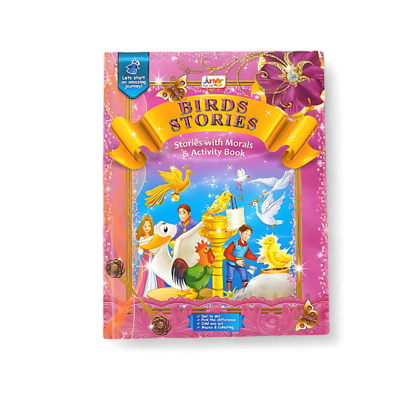 Cover of Birds Stories: Stories with Morals & Activity Book featuring colorful bird characters, children, and fun visual elements.


