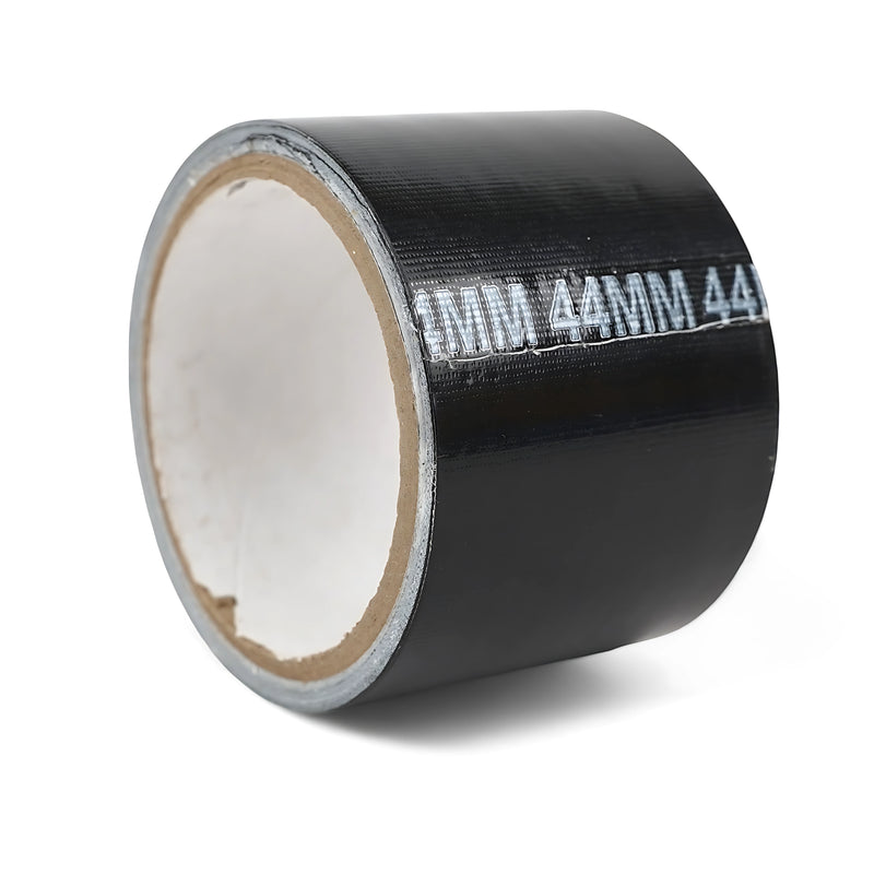 Black heavy-duty adhesive tape with 44mm width, ideal for repairs, packaging, and outdoor applications.

