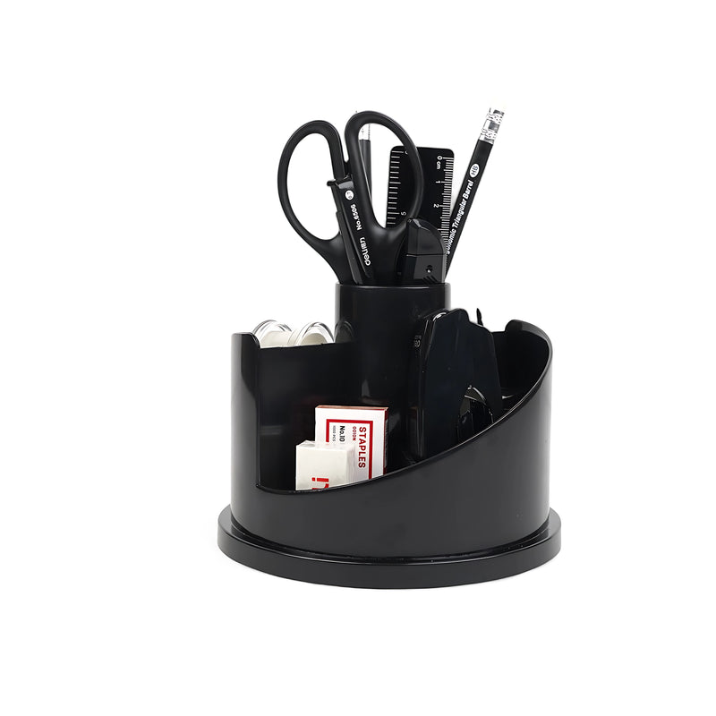 Black rotating desk organizer with multiple compartments, ideal for storing stationery, office supplies, and tools.


