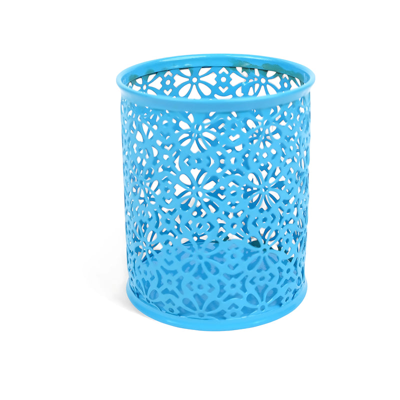 Blue floral metal pen holder with an intricate cutout design, ideal for organizing stationery and desk accessories.

