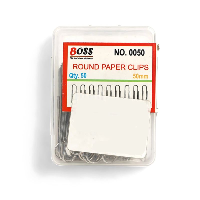 A transparent plastic box of Boss Round Paper Clips containing 50 metal clips, labeled with size (50mm) and quantity, with a price tag from Azeem Books.

