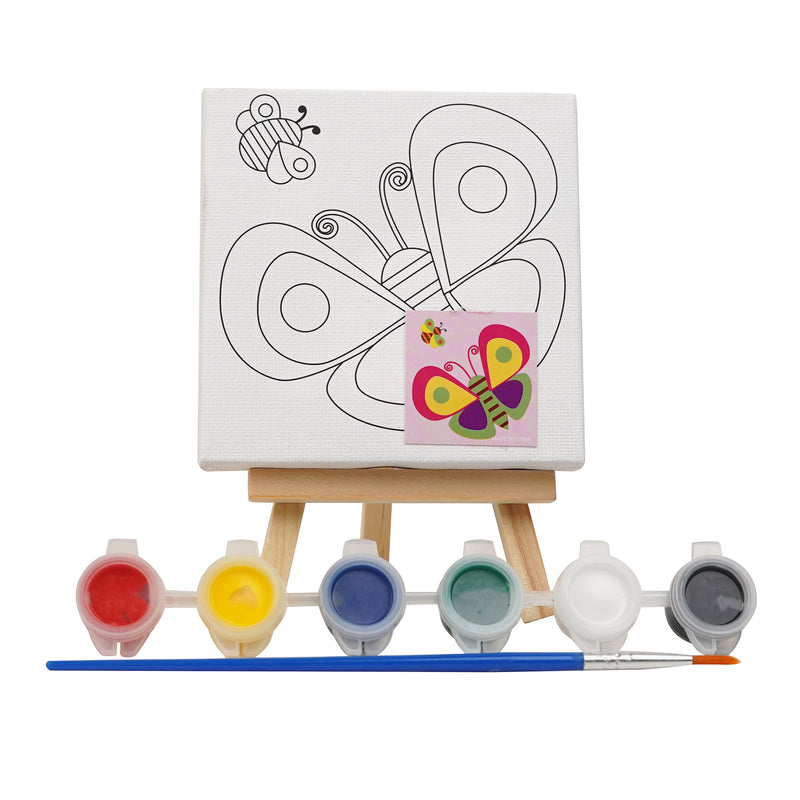 Butterfly Canvas Painting Kit for Kids with a mini canvas on an easel, 6 paints, brush, and a butterfly and bee design.