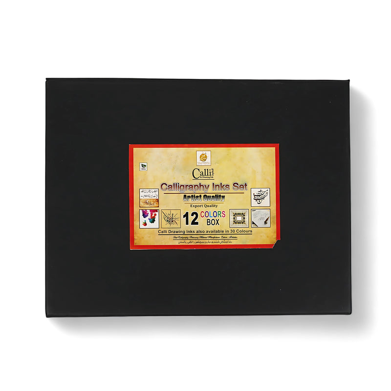 Calligraphy Inks Set in 12 vibrant colors in a sleek black box, ideal for artists and calligraphy enthusiasts

