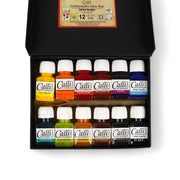 Calligraphy Inks Set in 12 vibrant colors in a sleek black box, ideal for artists and calligraphy enthusiasts

