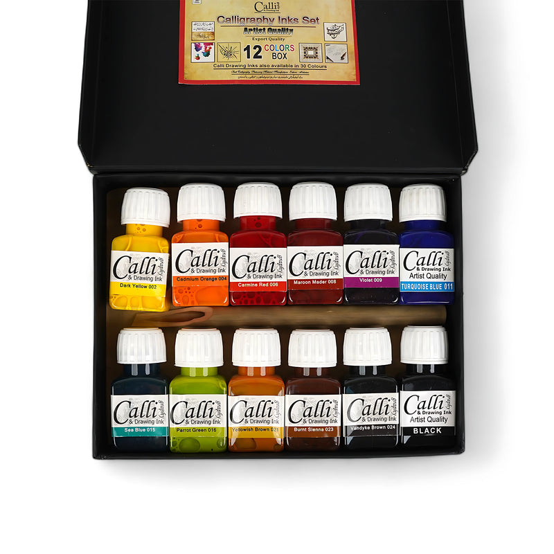 Calligraphy Inks Set in 12 vibrant colors in a sleek black box, ideal for artists and calligraphy enthusiasts

