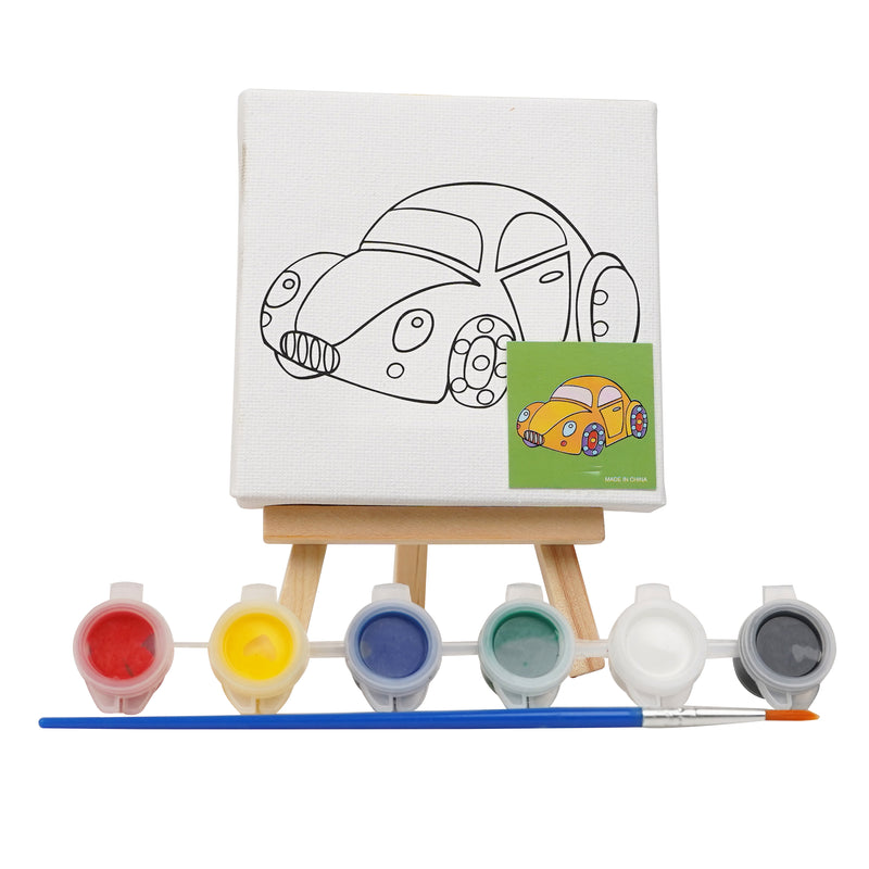 Car Canvas Painting Kit for Kids with mini canvas on an easel, 6 paints, brush, and a car design.