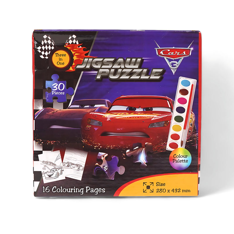 Cars 3 Jigsaw Puzzle with Lightning McQueen and paint set - 30 pieces, 16 coloring pages

