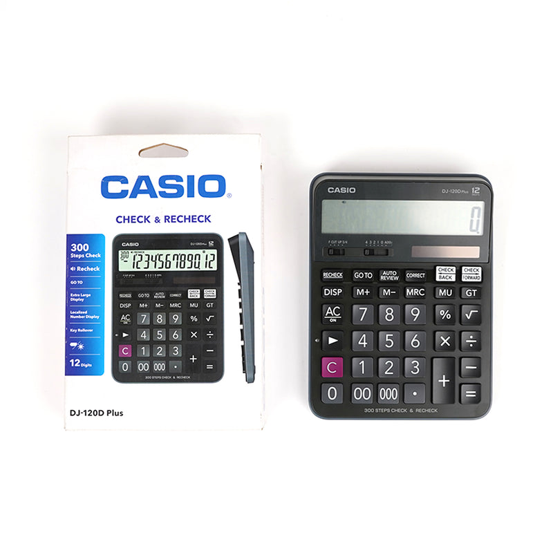 Casio DJ-120D Plus 12-digit desktop calculator with 300-step check & recheck, tax calculation, and dual power.

