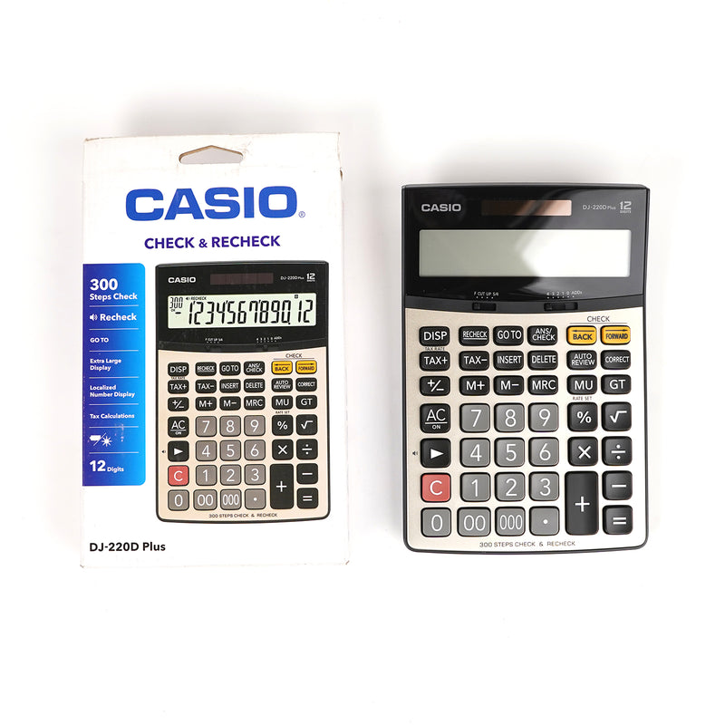 Casio DJ-220D Plus 12-digit desktop calculator with 300-step check & recheck and tax calculation features.


