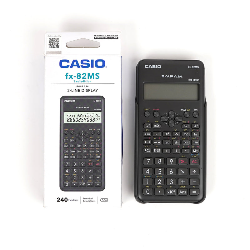 Casio fx-82MS 2nd Edition scientific calculator with 240 functions, 2-line display, and exam approval.

