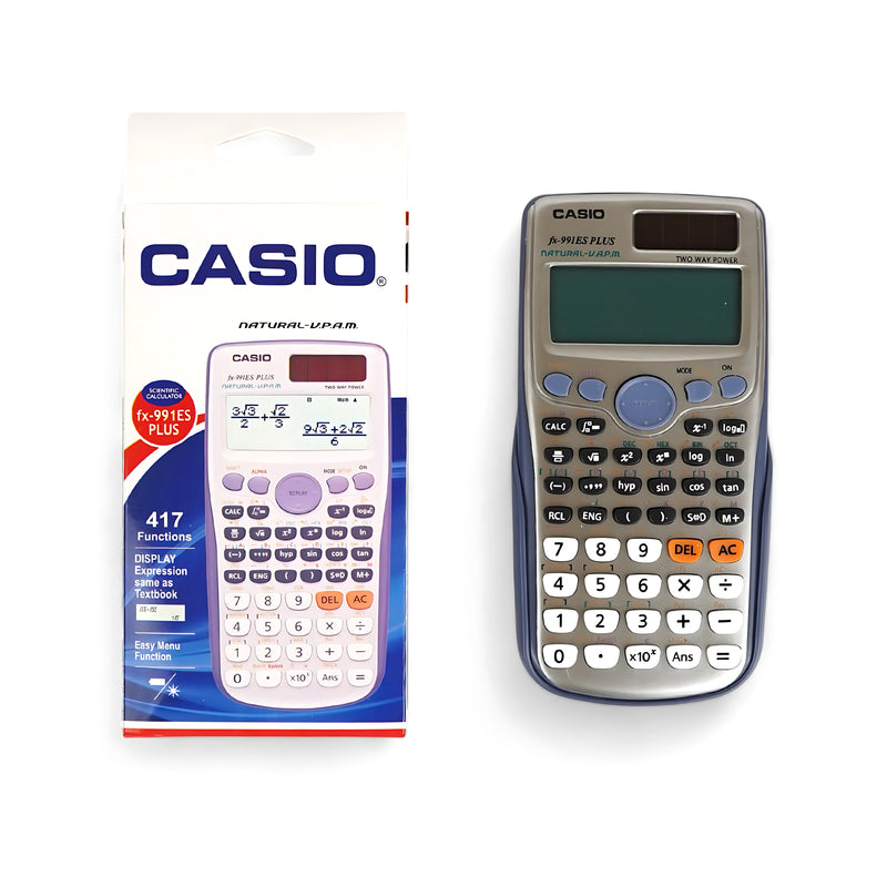Casio fx-991ES PLUS scientific calculator with 417 functions, dual power, and a Natural Textbook Display, packaged with a protective hard cover.

