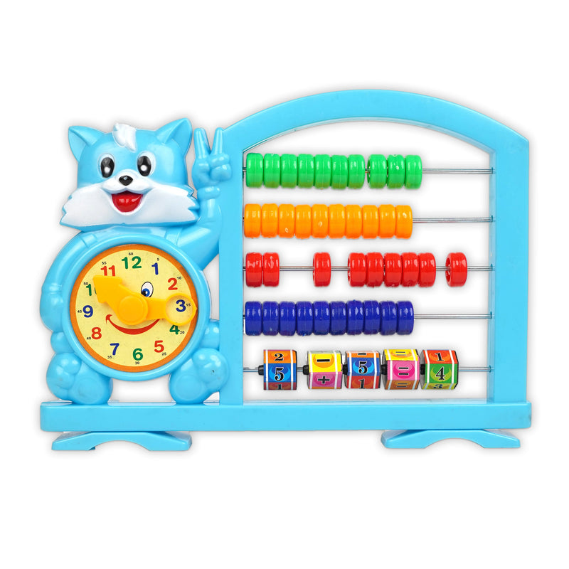 Cat-shaped educational abacus and clock toy with colorful beads and rotating number blocks for early math and time-telling learning, perfect for toddlers and preschoolers.