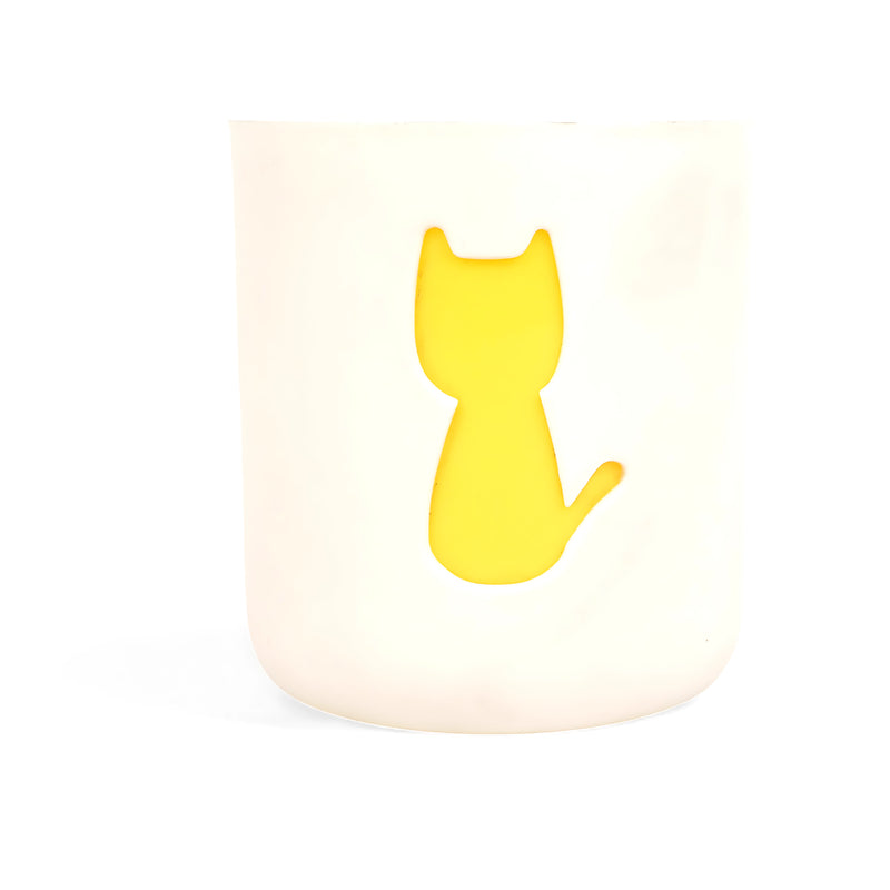 Cat-themed ceramic pen holder with a yellow cutout design, ideal for organizing pens and stationery.

