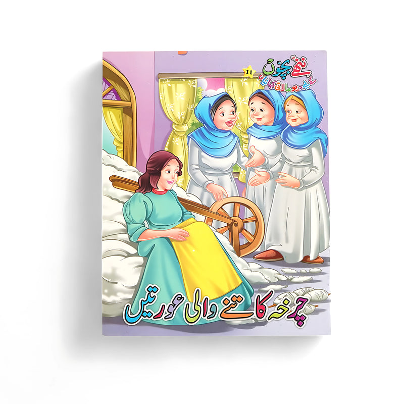 Illustrated cover of Charkha Katny Wali Auratain, featuring three women engaged in a creative discussion, surrounded by colorful elements representing their whimsical adventure.

