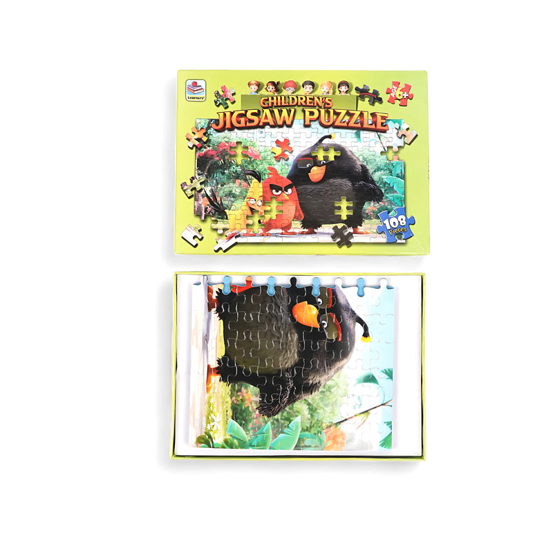 Children’s Angry Birds jigsaw puzzle with 108 pieces, featuring vibrant characters from the animated series, packaged in a green-themed box.

