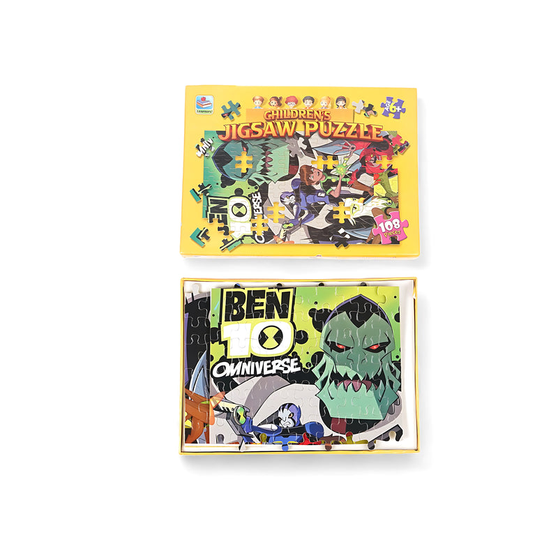 Children’s Ben 10 Omniverse jigsaw puzzle with 108 pieces, featuring vibrant action scenes from the animated series and packaged in a yellow-themed box.

