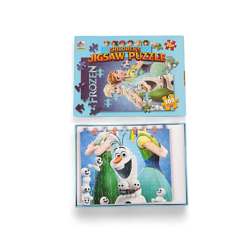 Children’s Frozen jigsaw puzzle featuring Olaf with 108 pieces, packaged in a bright blue box with vibrant Disney-themed artwork.

