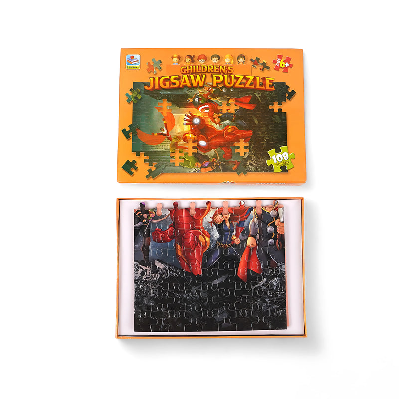 Children’s 108-piece jigsaw puzzle featuring colorful characters and engaging scenes, packaged in a bright orange box for kids aged 6 and above.

