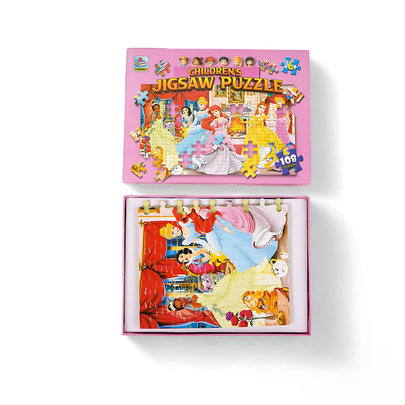Children's Princess Jigsaw Puzzle with 108 pieces, featuring colorful princess scenes in a vibrant pink box, perfect for kids aged 6 and above.

