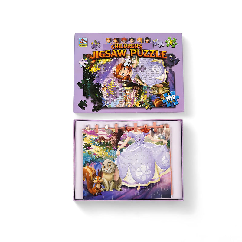 Children’s 108-piece storybook jigsaw puzzle featuring a princess with animal friends in a vibrant setting, packaged in a lavender-themed box.

