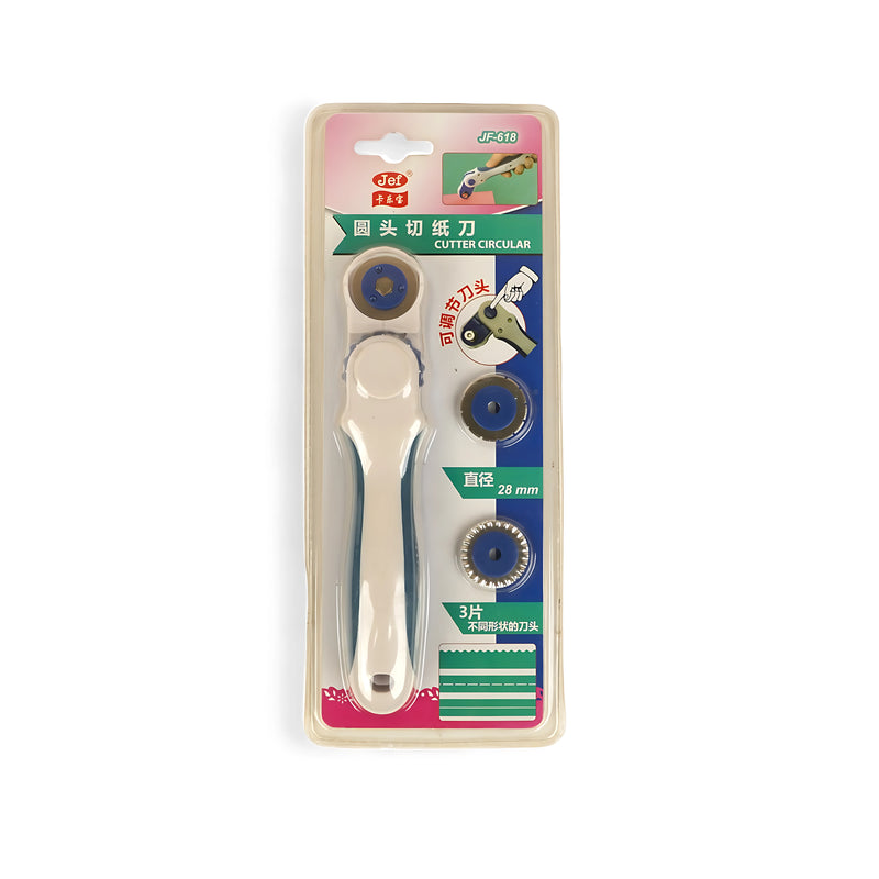 Circular Cutter with 3 interchangeable 28 mm blades – includes straight, wavy, and perforated blades for versatile cutting on fabric, paper, and crafts.






