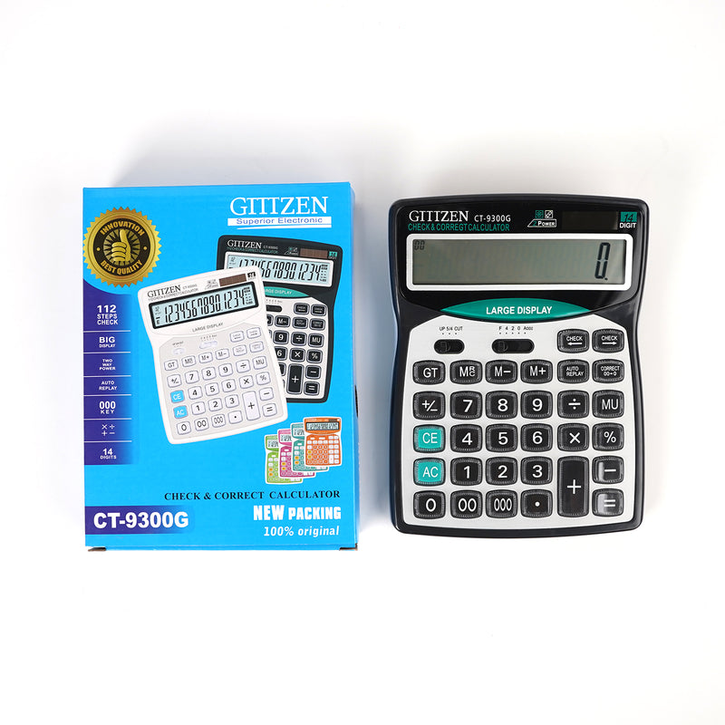 Citizen CT-9300G calculator with large 14-digit display and check-and-correct function, perfect for financial and educational use.

