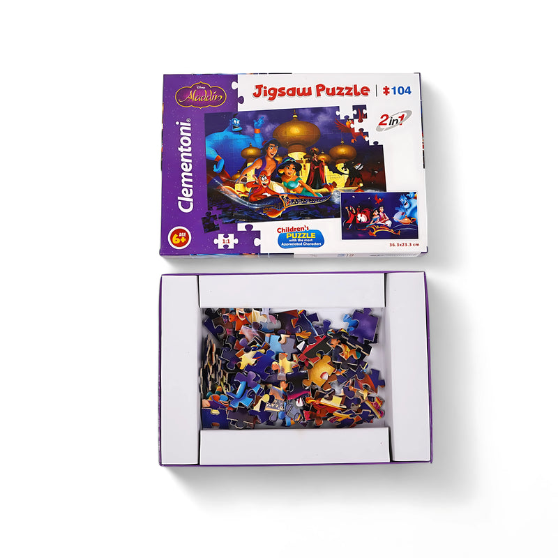 Clementoni Aladdin 2-in-1 Jigsaw Puzzle box with 104 pieces featuring vibrant Disney scenes from Aladdin’s adventures.

