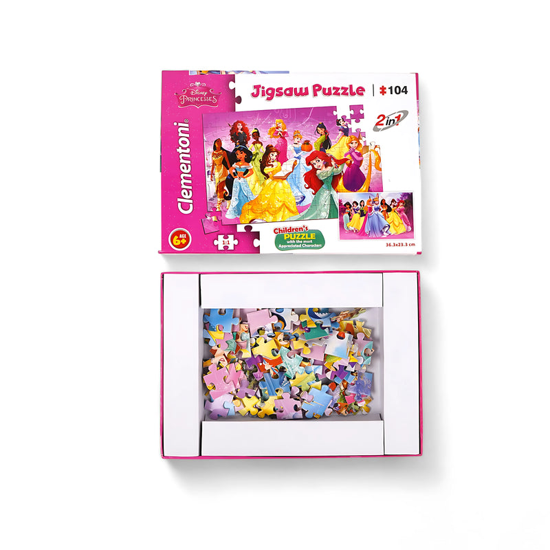 Clementoni Disney Princess 2-in-1 Jigsaw Puzzle with 104 pieces, featuring vibrant scenes of beloved princesses like Belle and Cinderella.

