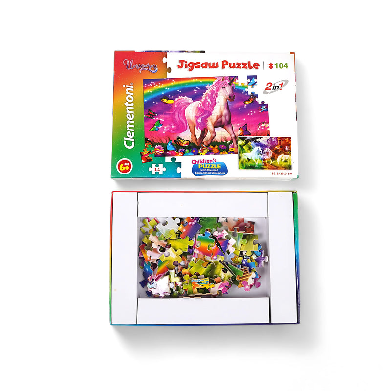 Clementoni Unicorn 2-in-1 Jigsaw Puzzle box featuring vibrant unicorn scenes with 104 pieces for children aged 6 and above.

