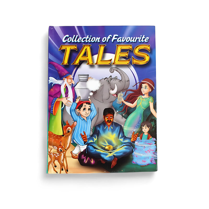 Cover of Collection of Favourite Tales featuring colorful illustrations of magical characters, animals, and children involved in classic storytelling adventures.

