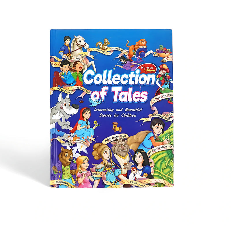 Cover of the Collection of Tales book featuring colorful illustrations of classic story characters like Beauty and the Beast, Jack and the Beanstalk, and Snow White.


