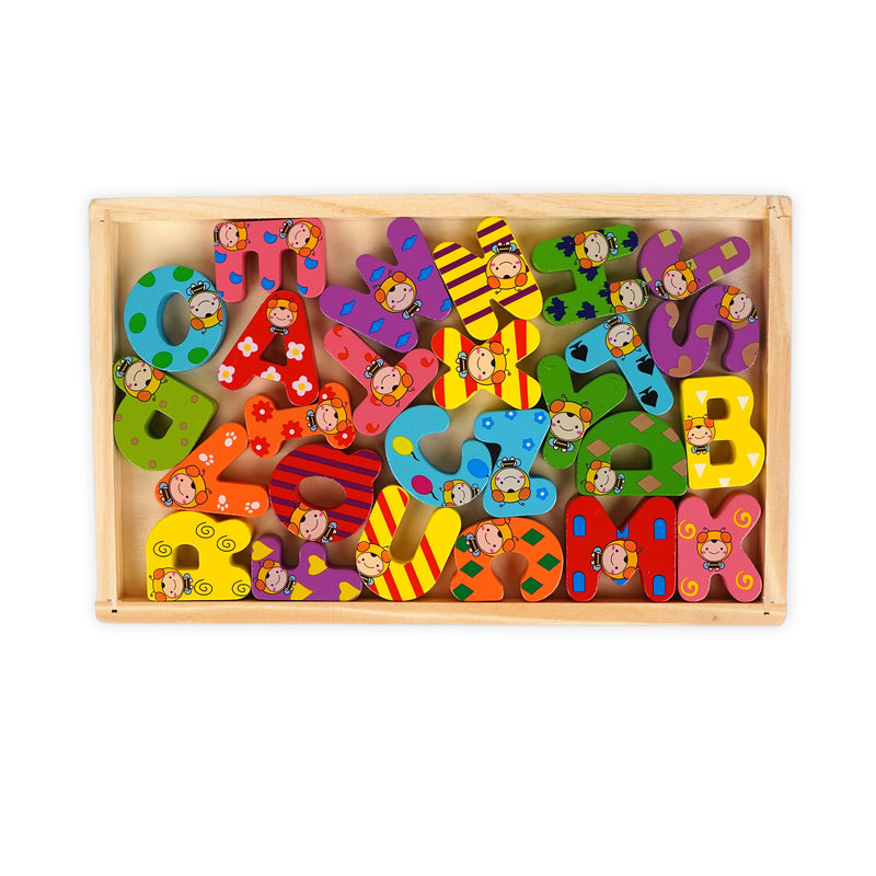 Colorful wooden alphabet puzzle featuring letters with playful monkey characters, designed to help kids learn the ABCs while developing fine motor skills and letter recognition.