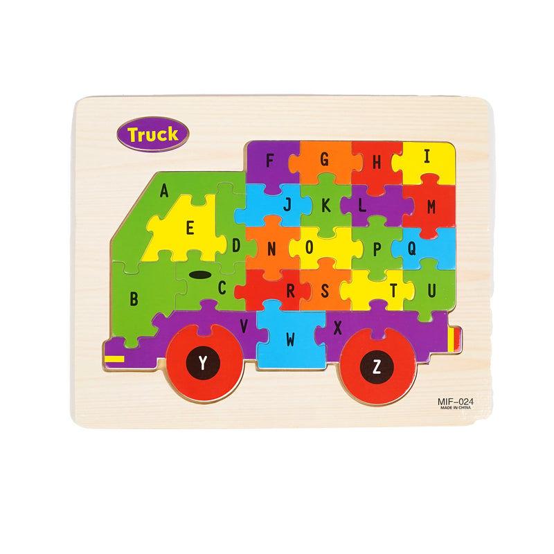Colorful alphabet truck puzzle featuring lettered pieces from A to Z, designed to help kids learn the alphabet while improving fine motor skills and problem-solving abilities.