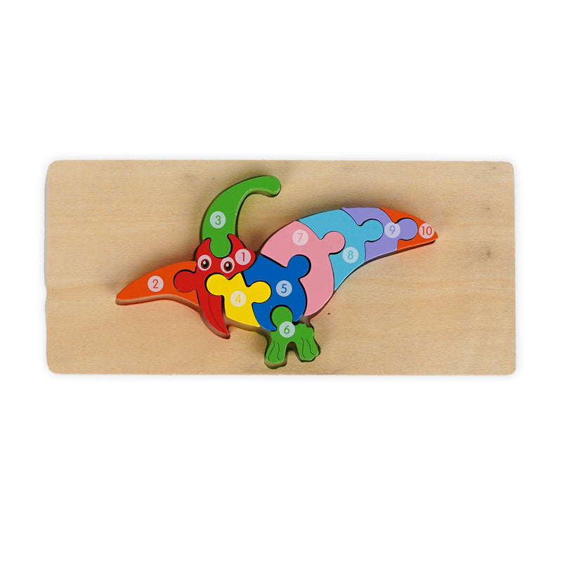 Colourful bird-shaped wooden puzzle with 10 numbered pieces, designed for toddlers to learn counting and improve problem-solving skills.