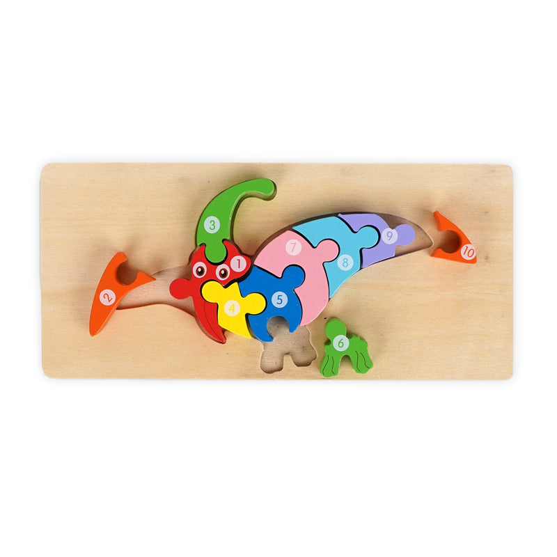 Colourful bird-shaped wooden puzzle with 10 numbered pieces, designed for toddlers to learn counting and improve problem-solving skills. img2