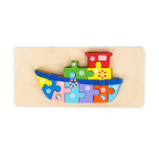 Colourful boat-shaped wooden puzzle with 10 numbered pieces, designed for toddlers to learn counting, improve problem-solving, and develop fine motor skills.