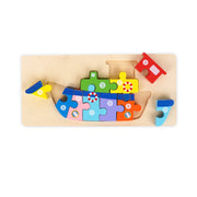 Colourful boat-shaped wooden puzzle with 10 numbered pieces, designed for toddlers to learn counting, improve problem-solving, and develop fine motor skills.