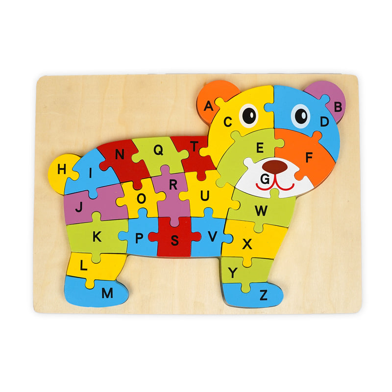Colorful wooden bear alphabet puzzle featuring letters A to Z, designed to help kids learn the alphabet while enhancing fine motor skills and letter recognition.