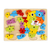 Colorful wooden bear alphabet puzzle featuring letters A to Z, designed to help kids learn the alphabet while enhancing fine motor skills and letter recognition.